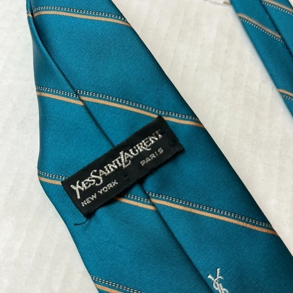 Vintage 1970s YSL Yves Saint Laurent Silk Tie Teal Gold Stripe Paris New York